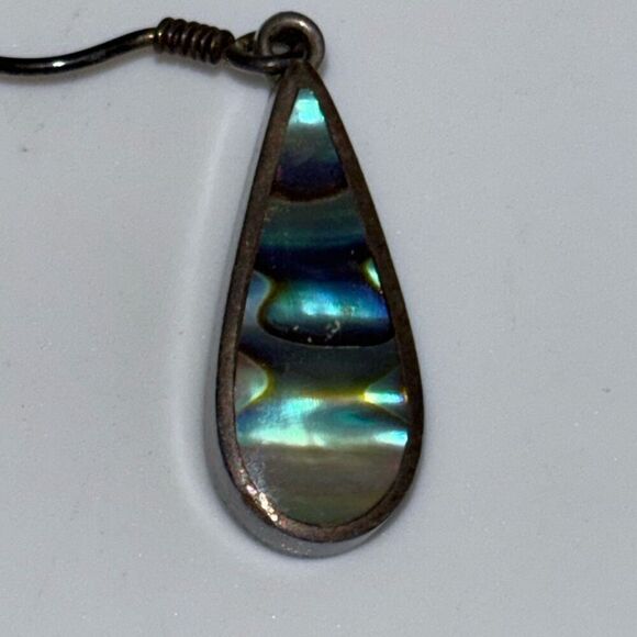 Vintage sajen silver & abalone rainbow dangle drop earrings - Picture 4 of 10